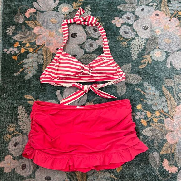 Lands’ End Bikini Swimsuit Skirt Skort Bottoms Pink Stripe Bathing Suit 6 4 Swim - Picture 3 of 13
